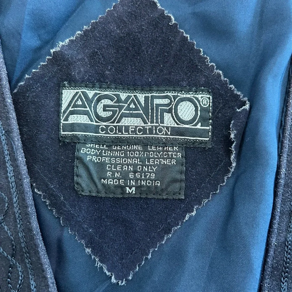 Vintage 90s Agapo Navy Blue Leather Suede Vest Floral Embroidered Oklahoma Men M